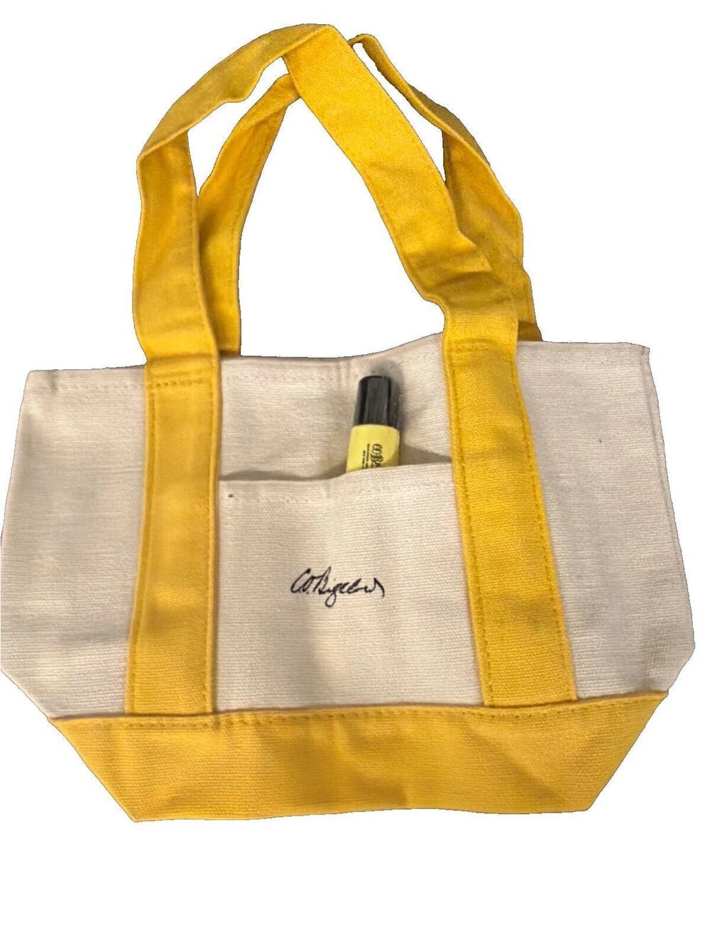 C.O. Bigelow Canvas Tote Bag White Yellow Carryall Shopper Pocket New